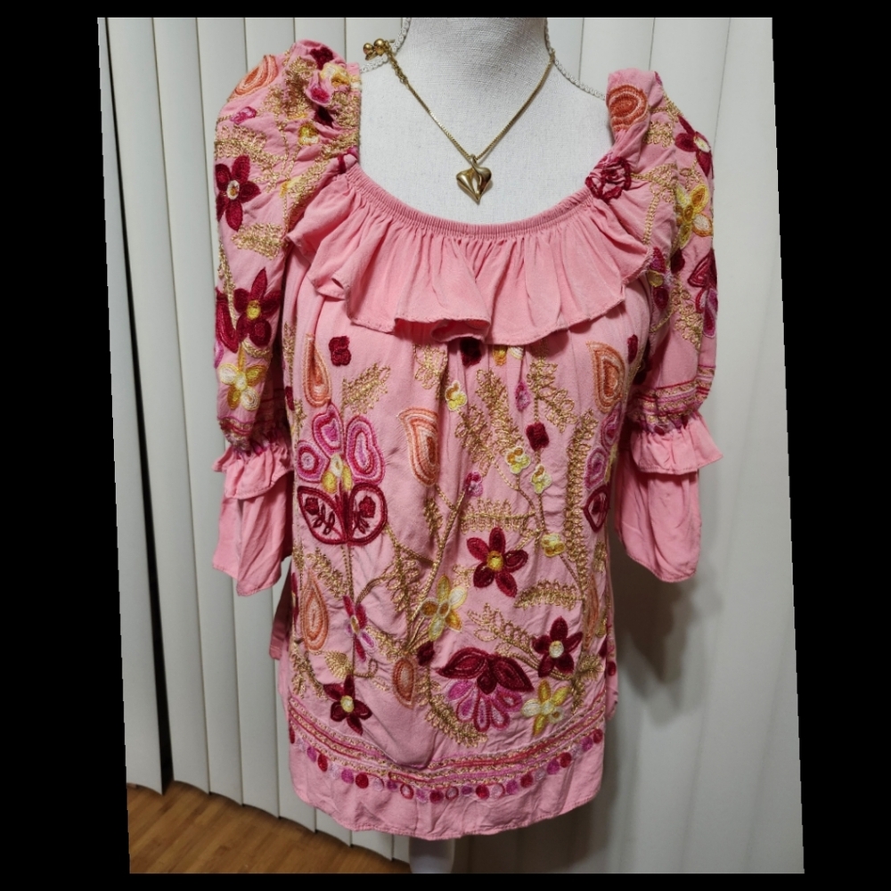 Cottagecore Pink Embroidered Floral 3/4 Sleeve Ruffle Top Peasant Blouse●